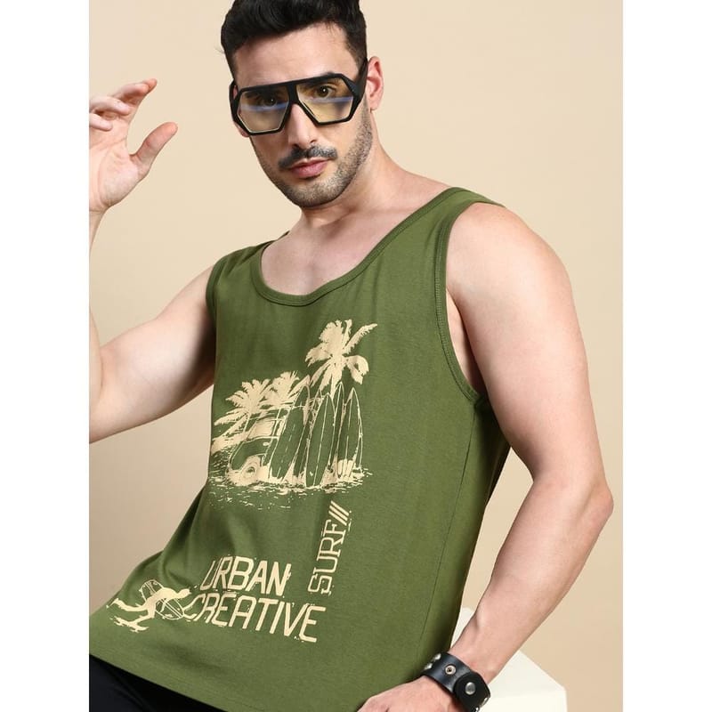 BLACK RADIO Mens Scoop Neck Sleeveless Graphic Printed Olive T-Shirt