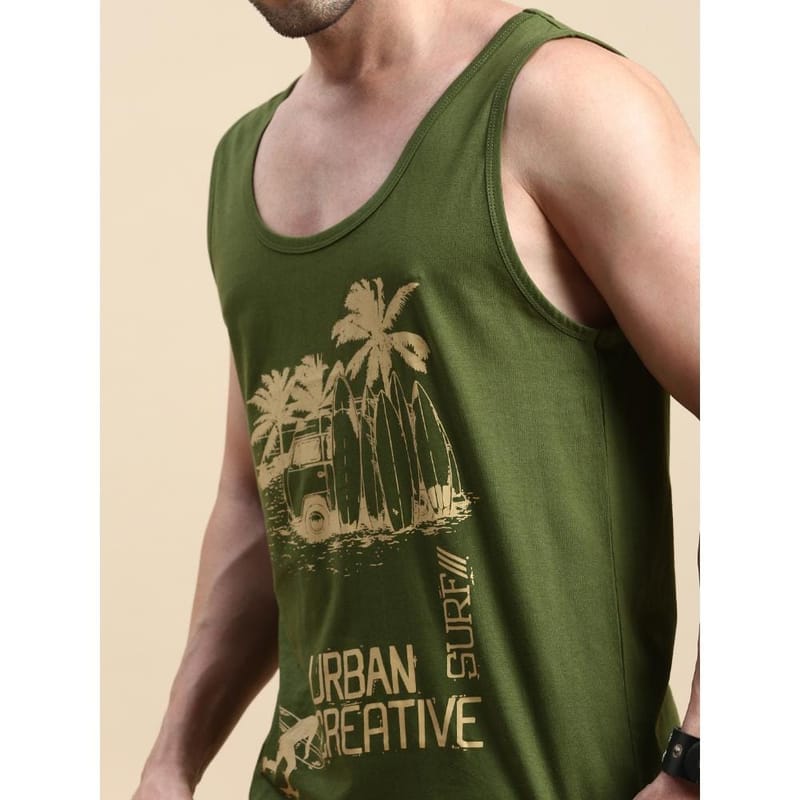 BLACK RADIO Mens Scoop Neck Sleeveless Graphic Printed Olive T-Shirt