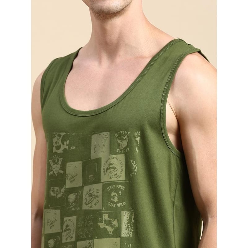 BLACK RADIO Mens Scoop Neck Sleeveless Graphic Printed Olive T-Shirt