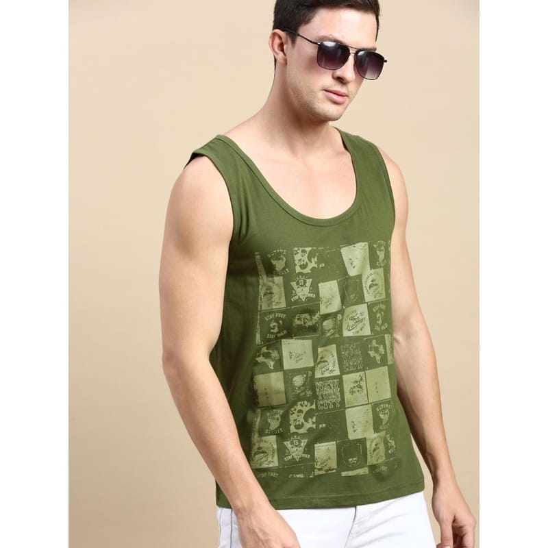 BLACK RADIO Mens Scoop Neck Sleeveless Graphic Printed Olive T-Shirt