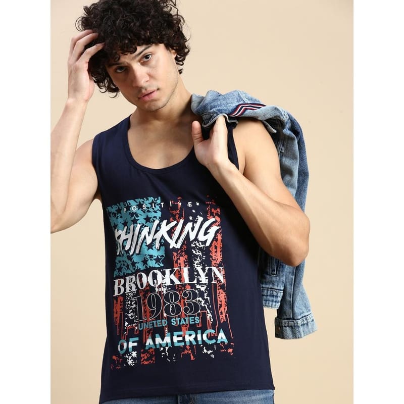 BLACK RADIO Mens Scoop Neck Sleeveless Graphic Printed Navy T-Shirt