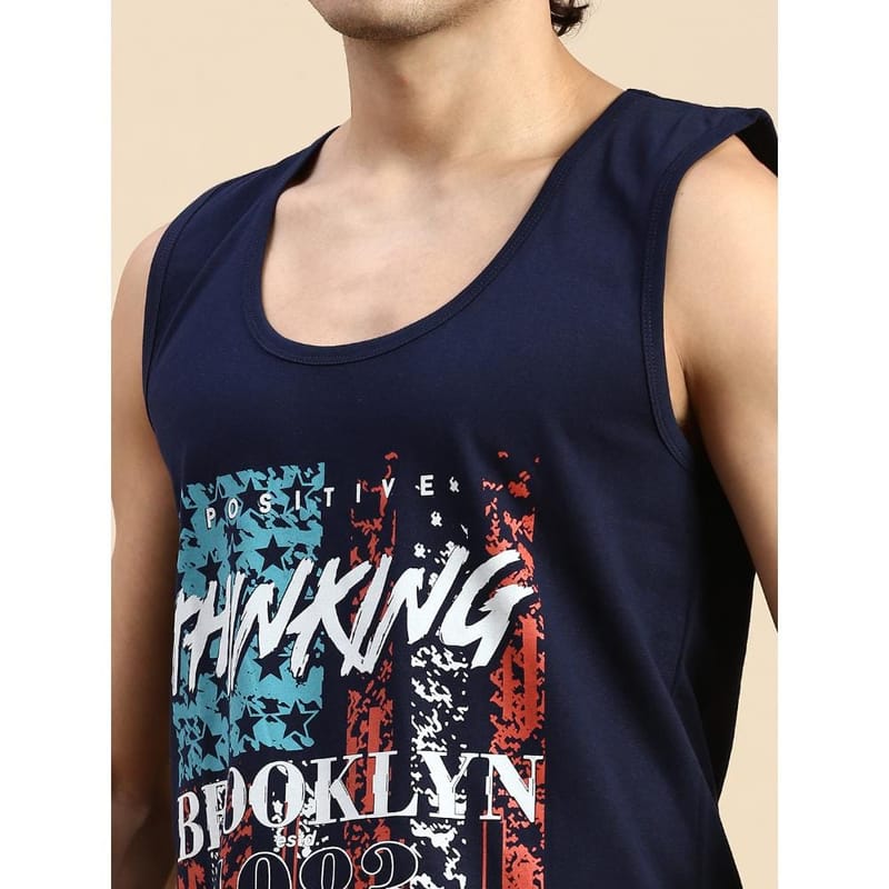 BLACK RADIO Mens Scoop Neck Sleeveless Graphic Printed Navy T-Shirt