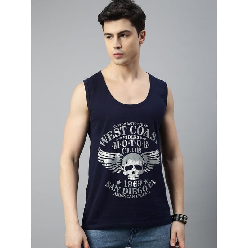 BLACK RADIO Mens Scoop Neck Sleeveless Graphic Printed Navy T-Shirt