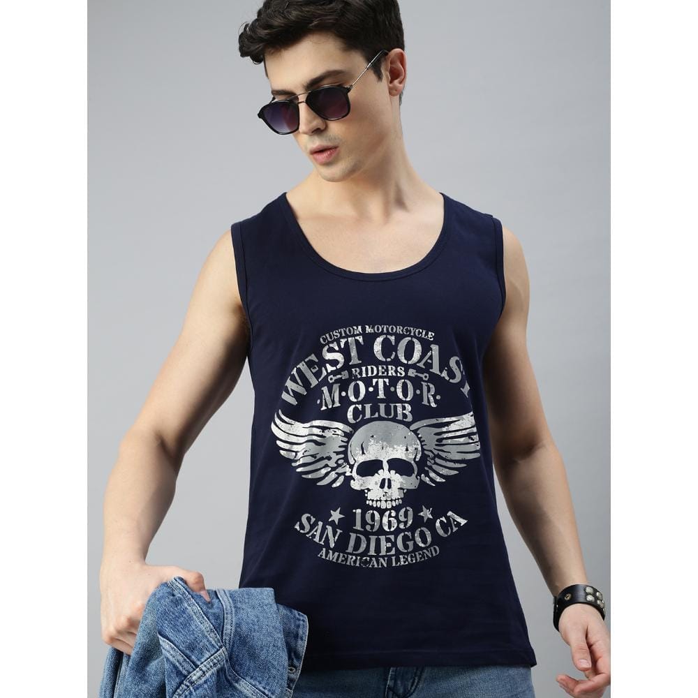 BLACK RADIO Mens Scoop Neck Sleeveless Graphic Printed Navy T-Shirt