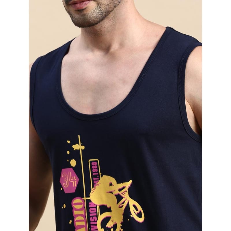 BLACK RADIO Mens Scoop Neck Sleeveless Graphic Printed Navy T-Shirt