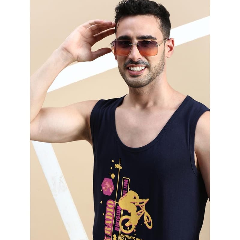 BLACK RADIO Mens Scoop Neck Sleeveless Graphic Printed Navy T-Shirt