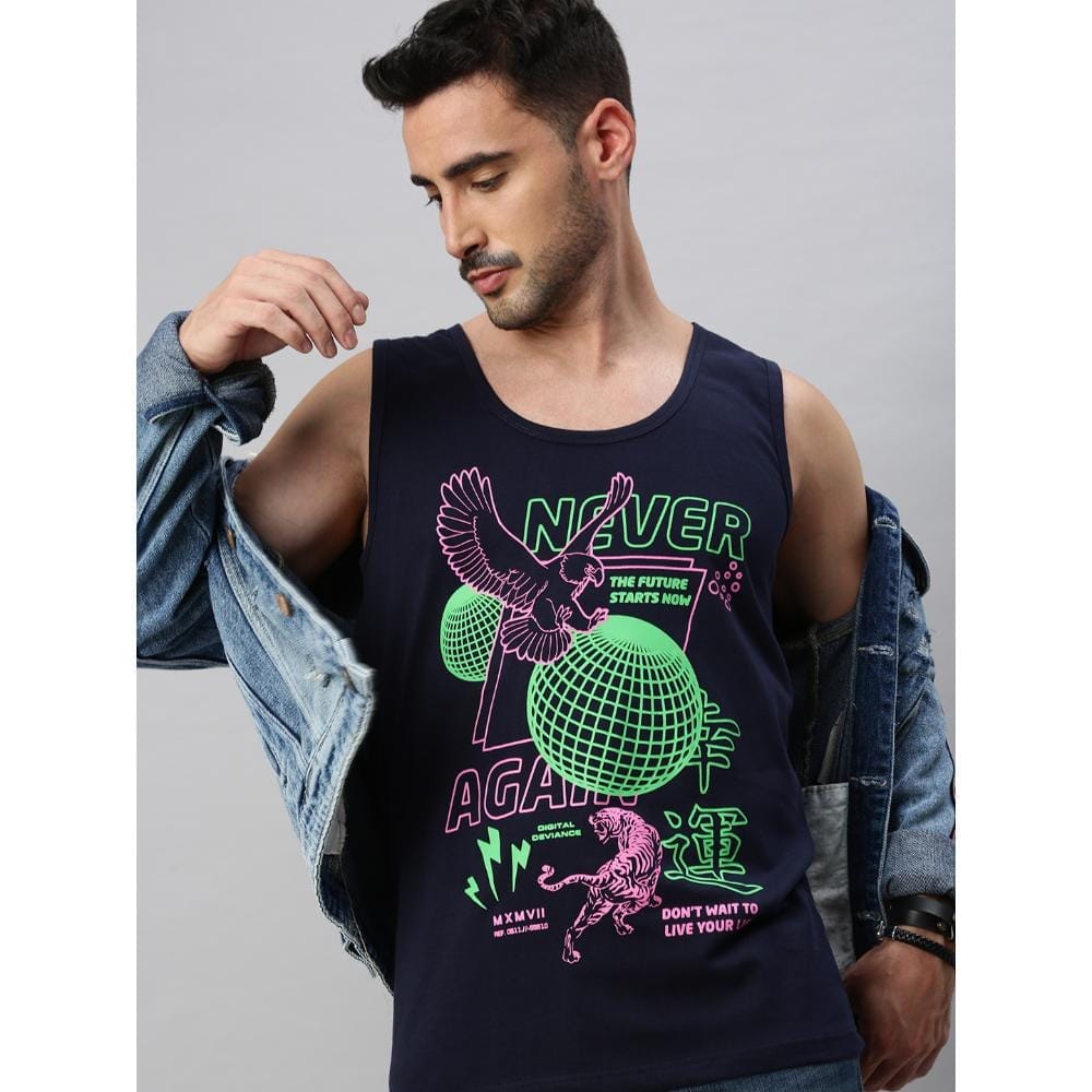 BLACK RADIO Mens Scoop Neck Sleeveless Graphic Printed Navy T-Shirt