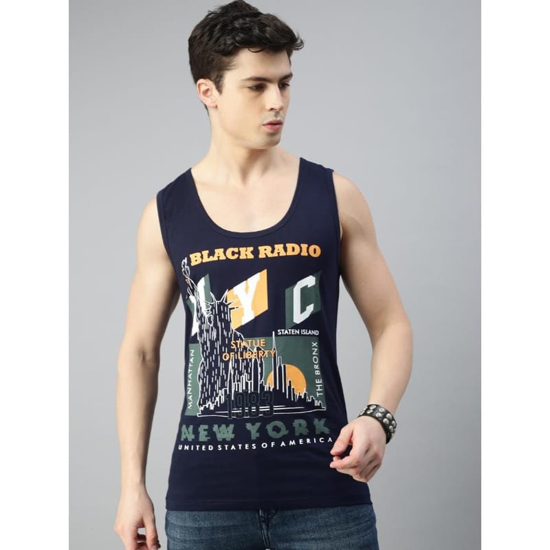 BLACK RADIO Mens Scoop Neck Sleeveless Graphic Printed Navy T-Shirt