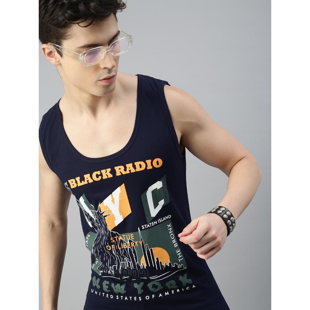 BLACK RADIO Mens Scoop Neck Sleeveless Graphic Printed Navy T-Shirt