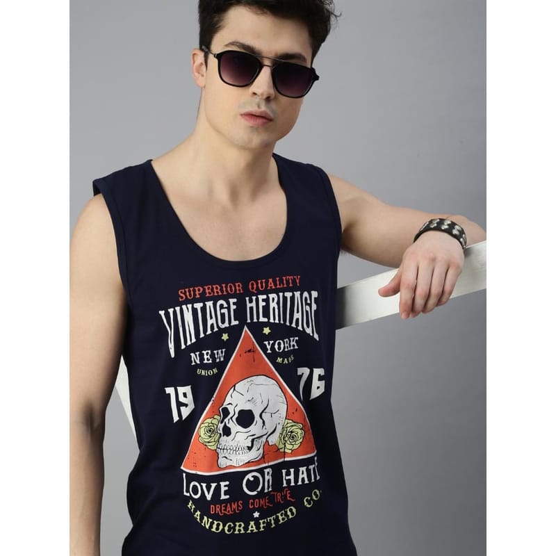 BLACK RADIO Mens Scoop Neck Sleeveless Graphic Printed Navy T-Shirt