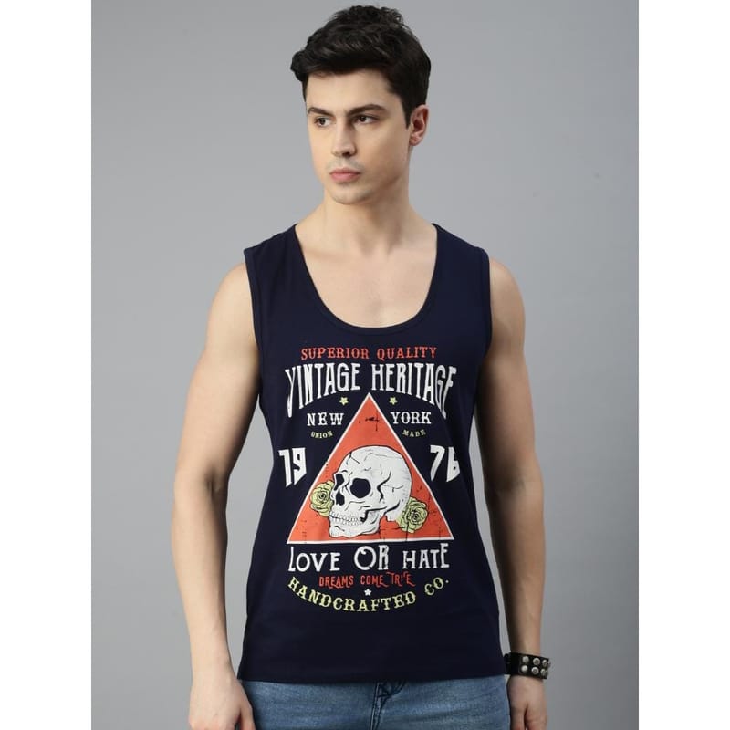 BLACK RADIO Mens Scoop Neck Sleeveless Graphic Printed Navy T-Shirt