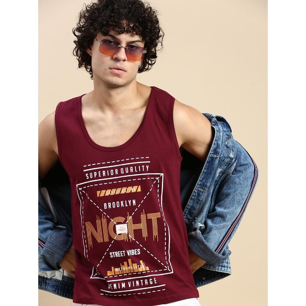 BLACK RADIO Mens Scoop Neck Sleeveless Graphic Printed Maroon T-Shirt