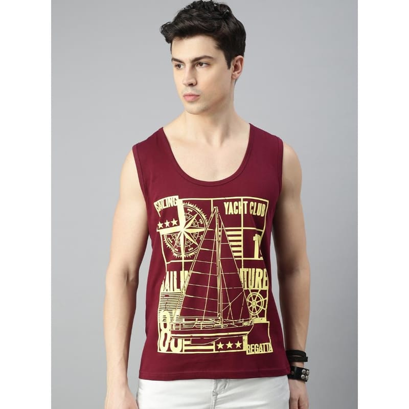 BLACK RADIO Mens Scoop Neck Sleeveless Graphic Printed Maroon T-Shirt