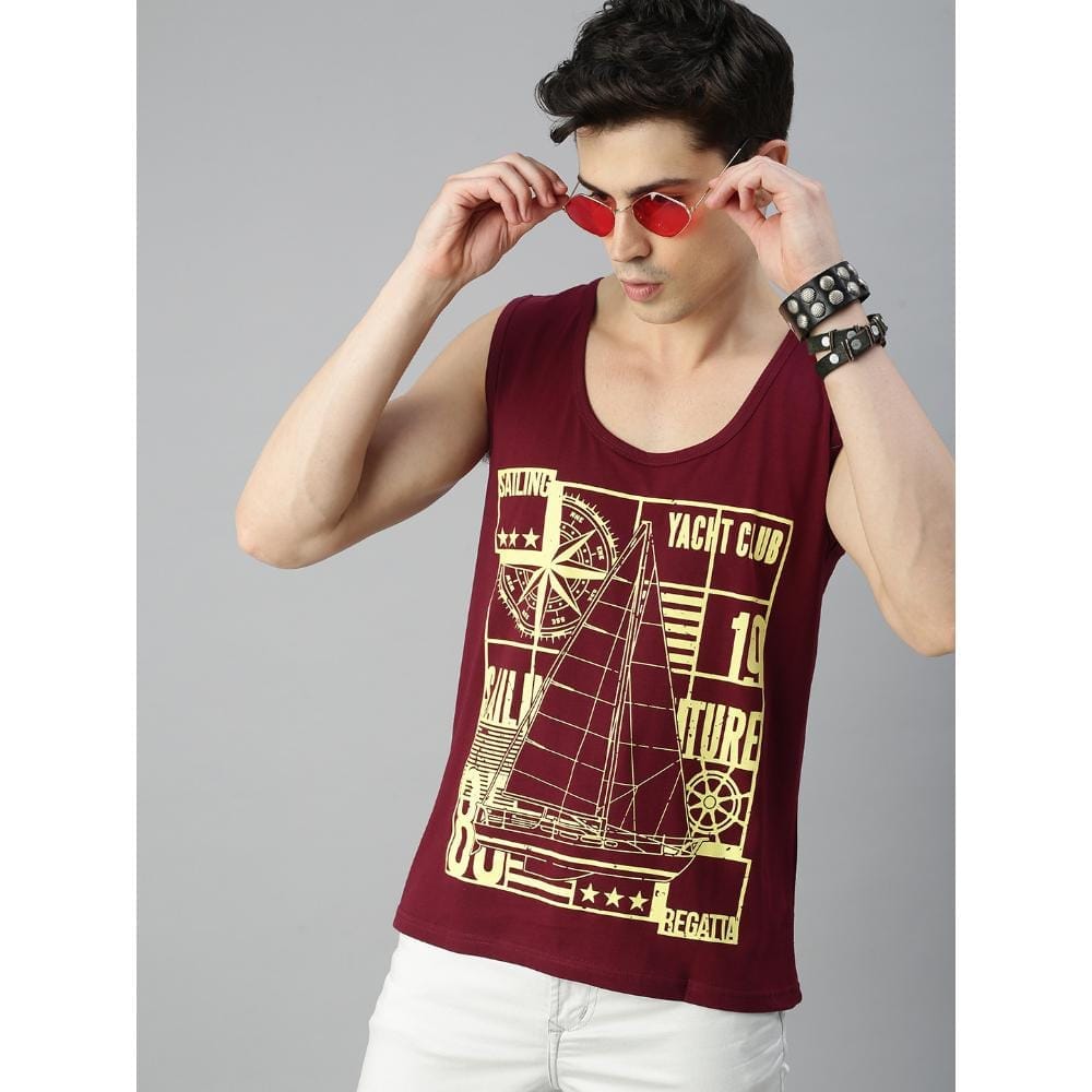 BLACK RADIO Mens Scoop Neck Sleeveless Graphic Printed Maroon T-Shirt