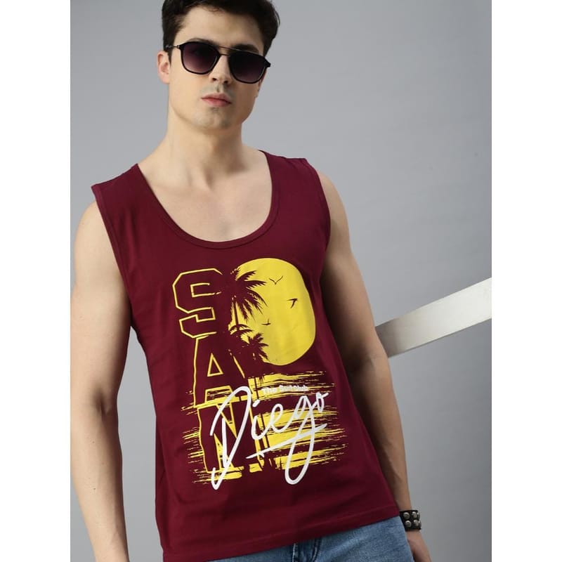 BLACK RADIO Mens Scoop Neck Sleeveless Graphic Printed Maroon T-Shirt