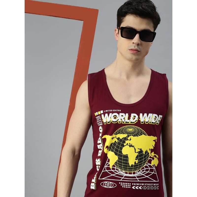 BLACK RADIO Mens Scoop Neck Sleeveless Graphic Printed Maroon T-Shirt