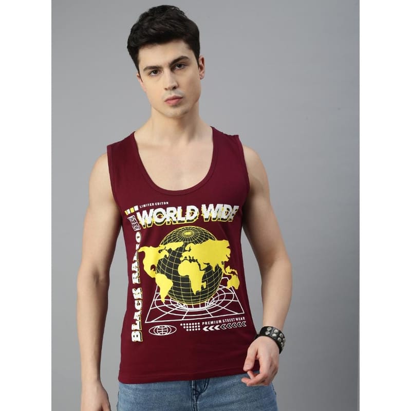 BLACK RADIO Mens Scoop Neck Sleeveless Graphic Printed Maroon T-Shirt