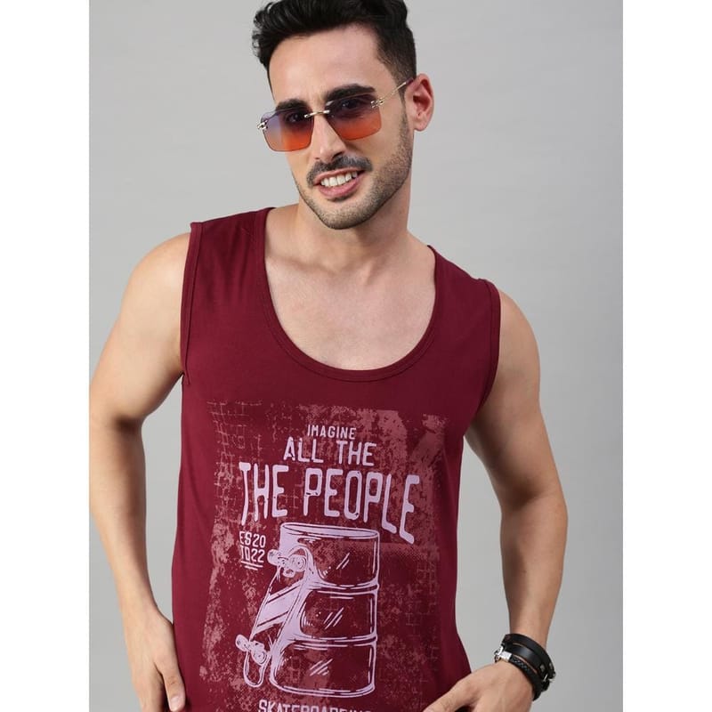 BLACK RADIO Mens Scoop Neck Sleeveless Graphic Printed Maroon T-Shirt