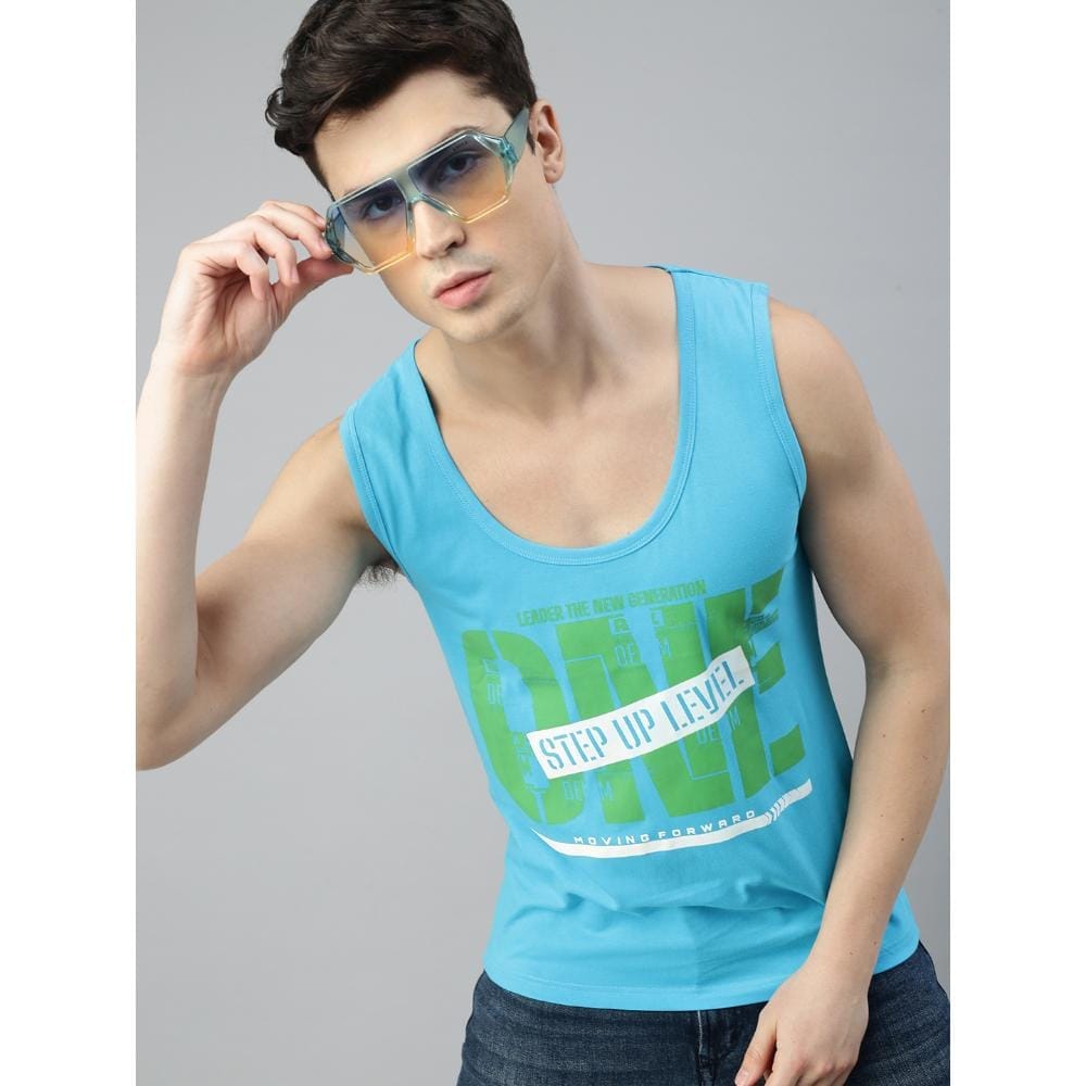 BLACK RADIO Mens Scoop Neck Sleeveless Graphic Printed Turquoise T-Shirt