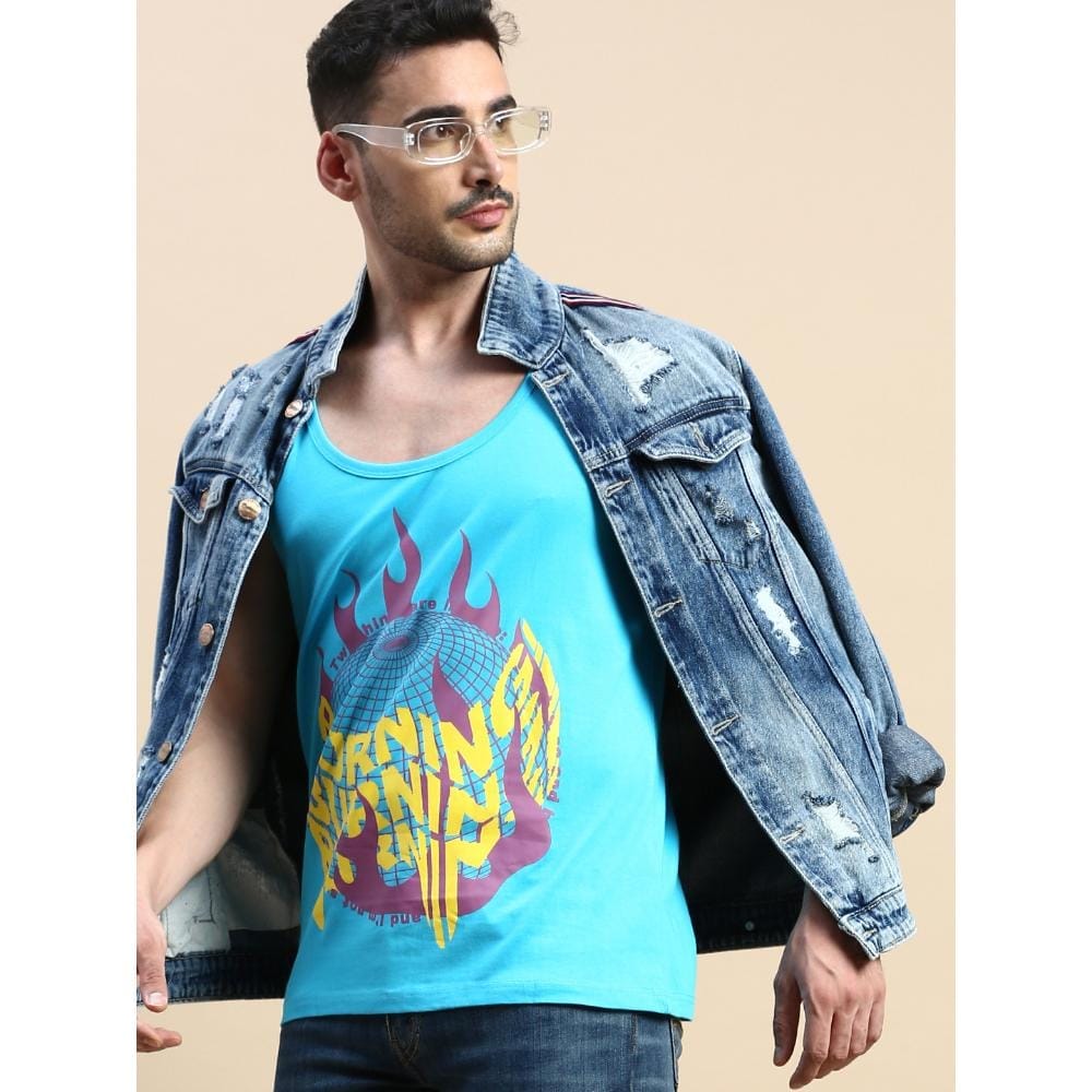 BLACK RADIO Mens Scoop Neck Sleeveless Graphic Printed Turquoise T-Shirt