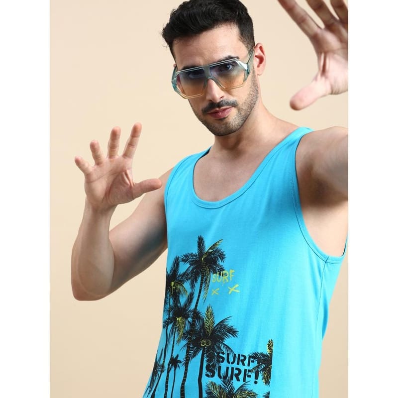 BLACK RADIO Mens Scoop Neck Sleeveless Graphic Printed Turquoise T-Shirt