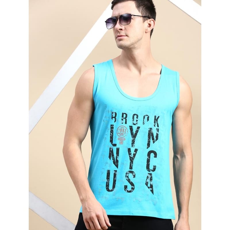 BLACK RADIO Mens Scoop Neck Sleeveless Graphic Printed Turquoise T-Shirt