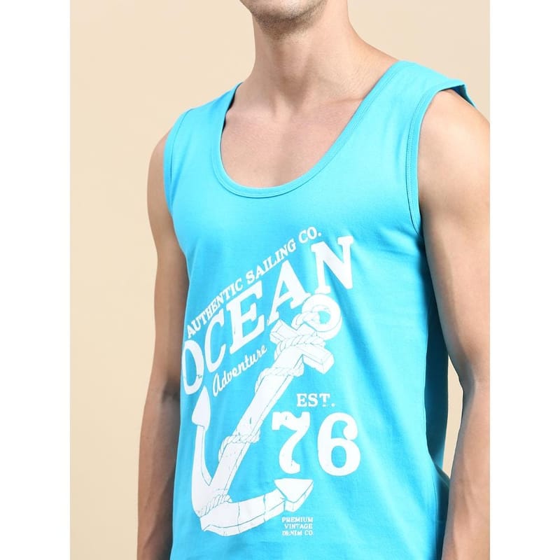 BLACK RADIO Mens Scoop Neck Sleeveless Graphic Printed Turquoise T-Shirt