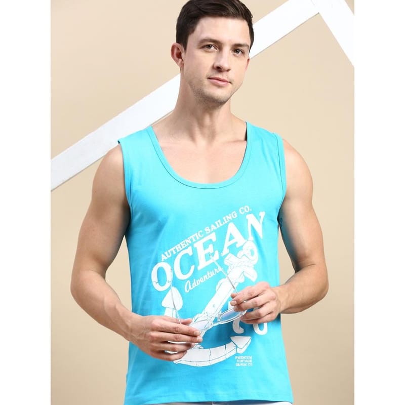 BLACK RADIO Mens Scoop Neck Sleeveless Graphic Printed Turquoise T-Shirt