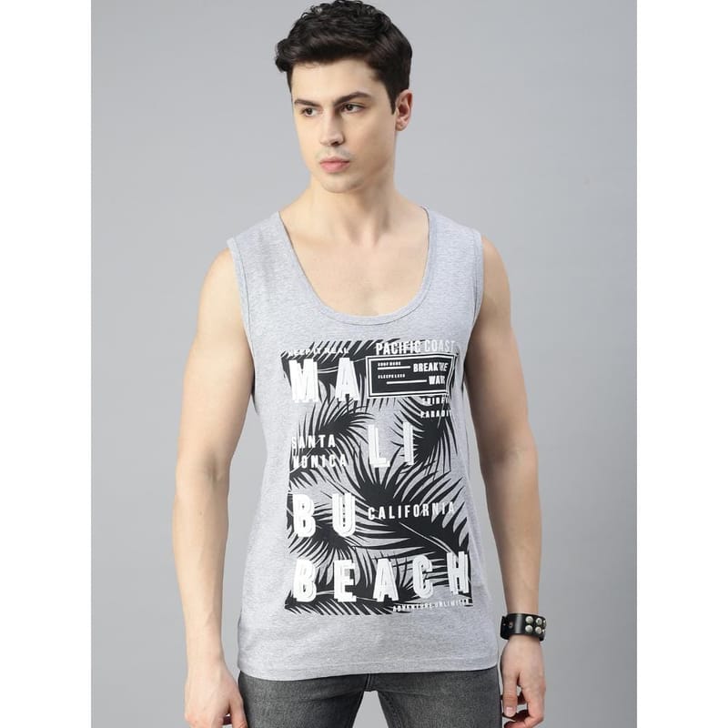 BLACK RADIO Mens Scoop Neck Sleeveless Graphic Printed Grey T-Shirt