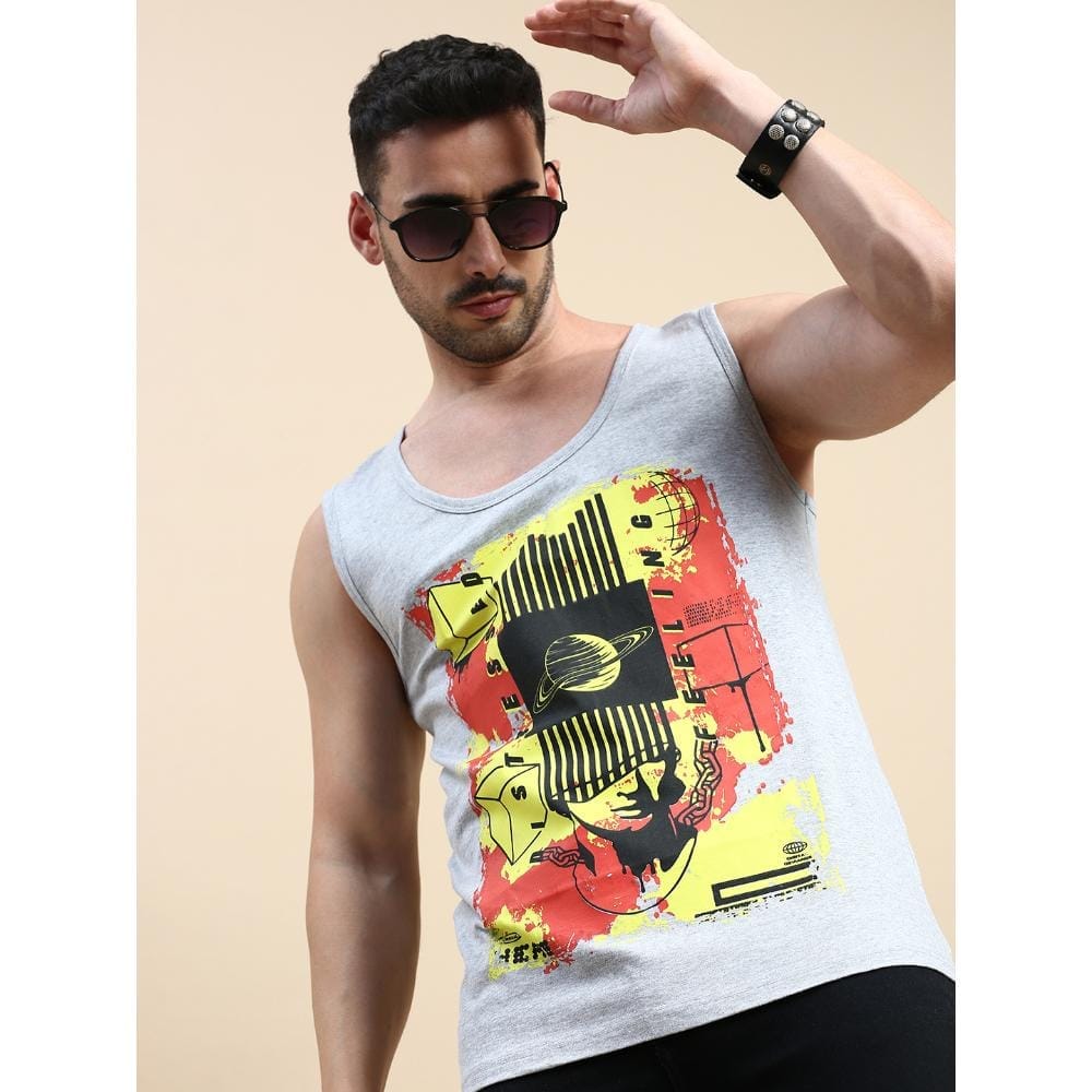 BLACK RADIO Mens Scoop Neck Sleeveless Graphic Printed Grey T-Shirt