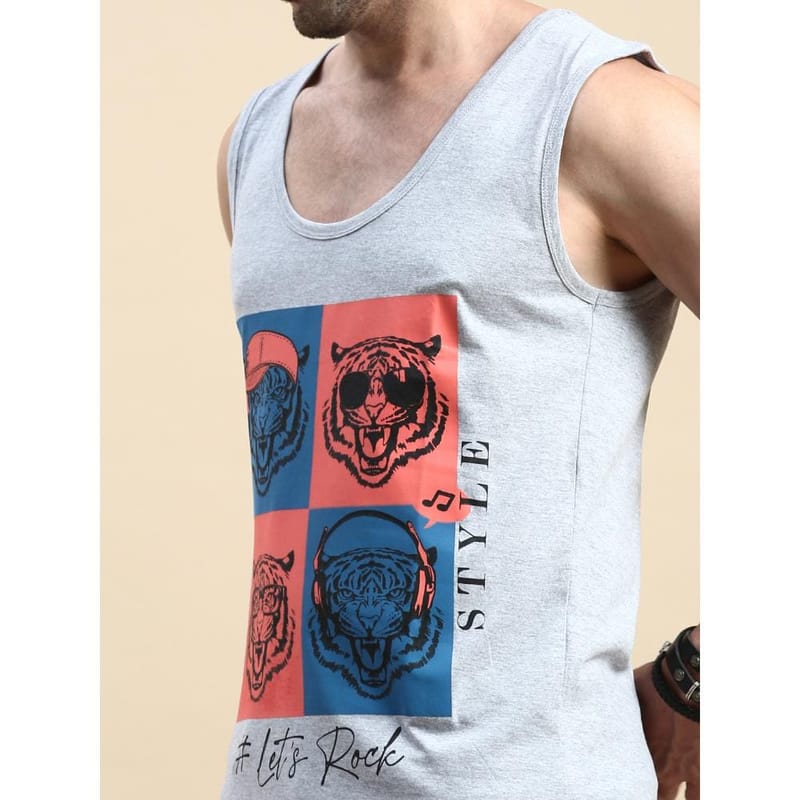 BLACK RADIO Mens Scoop Neck Sleeveless Graphic Printed Grey T-Shirt