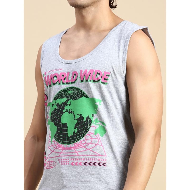 BLACK RADIO Mens Scoop Neck Sleeveless Graphic Printed Grey T-Shirt