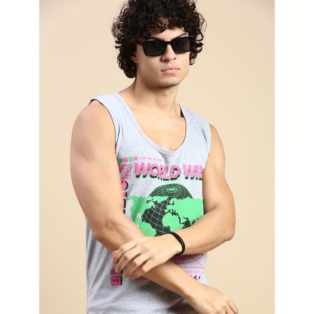 BLACK RADIO Mens Scoop Neck Sleeveless Graphic Printed Grey T-Shirt