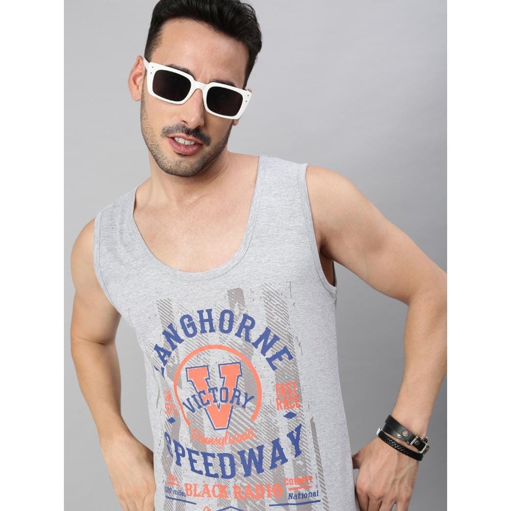 BLACK RADIO Mens Scoop Neck Sleeveless Graphic Printed Grey T-Shirt