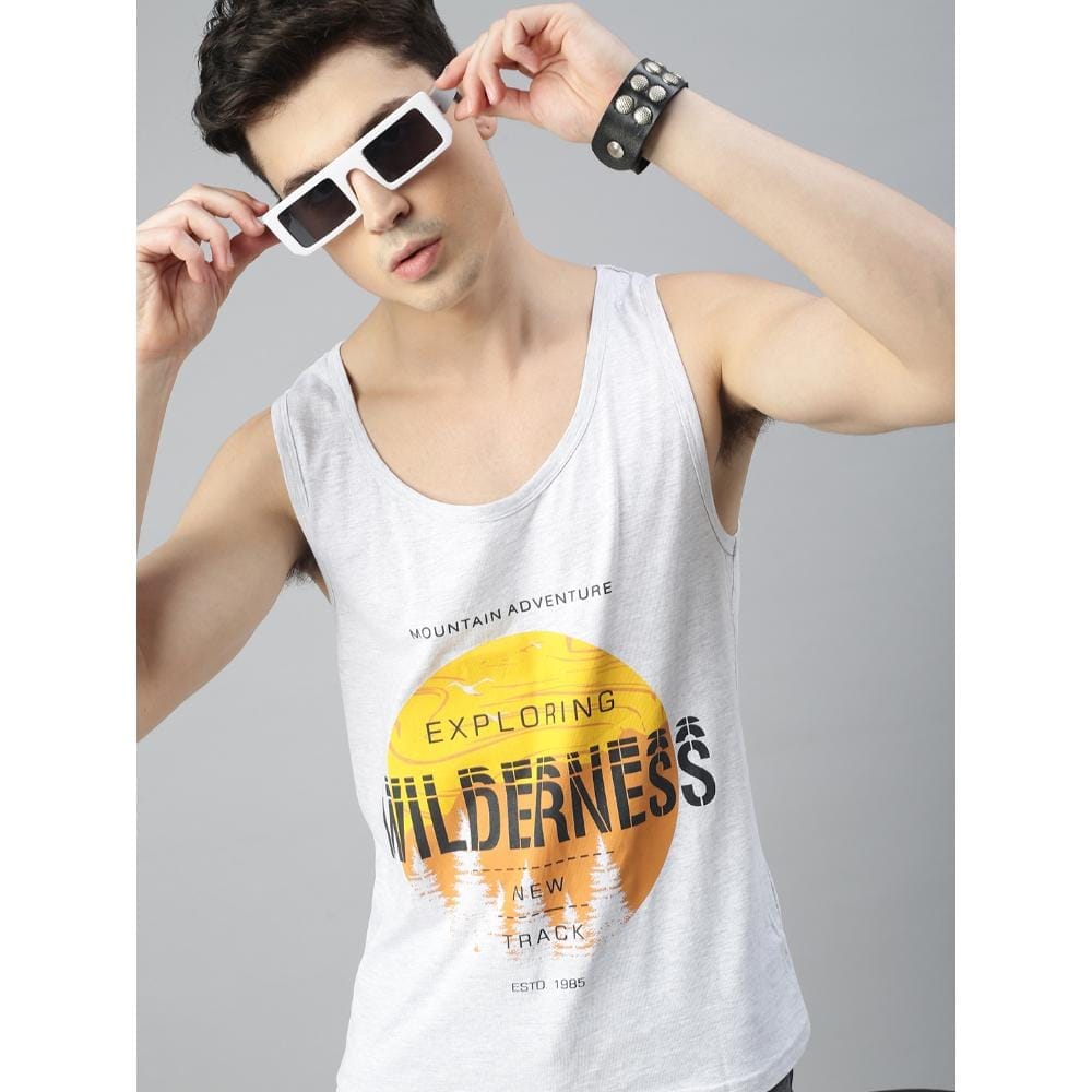 BLACK RADIO Mens Scoop Neck Sleeveless Graphic Printed Ecru T-Shirt