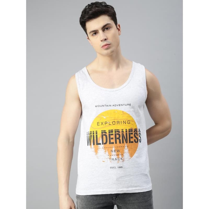 BLACK RADIO Mens Scoop Neck Sleeveless Graphic Printed Ecru T-Shirt