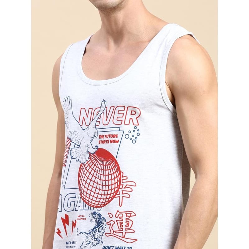 BLACK RADIO Mens Scoop Neck Sleeveless Graphic Printed Ecru T-Shirt