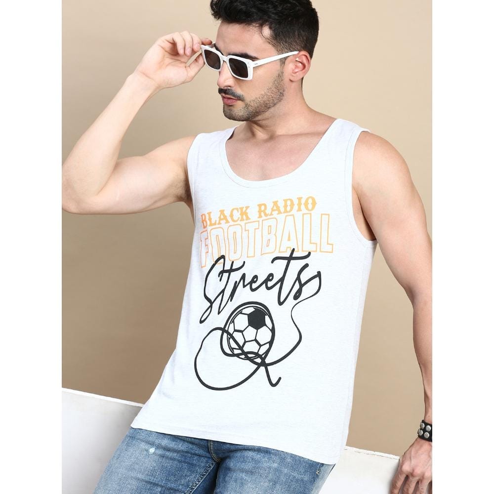 BLACK RADIO Mens Scoop Neck Sleeveless Graphic Printed Ecru T-Shirt