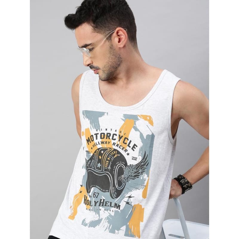 BLACK RADIO Mens Scoop Neck Sleeveless Graphic Printed Ecru T-Shirt