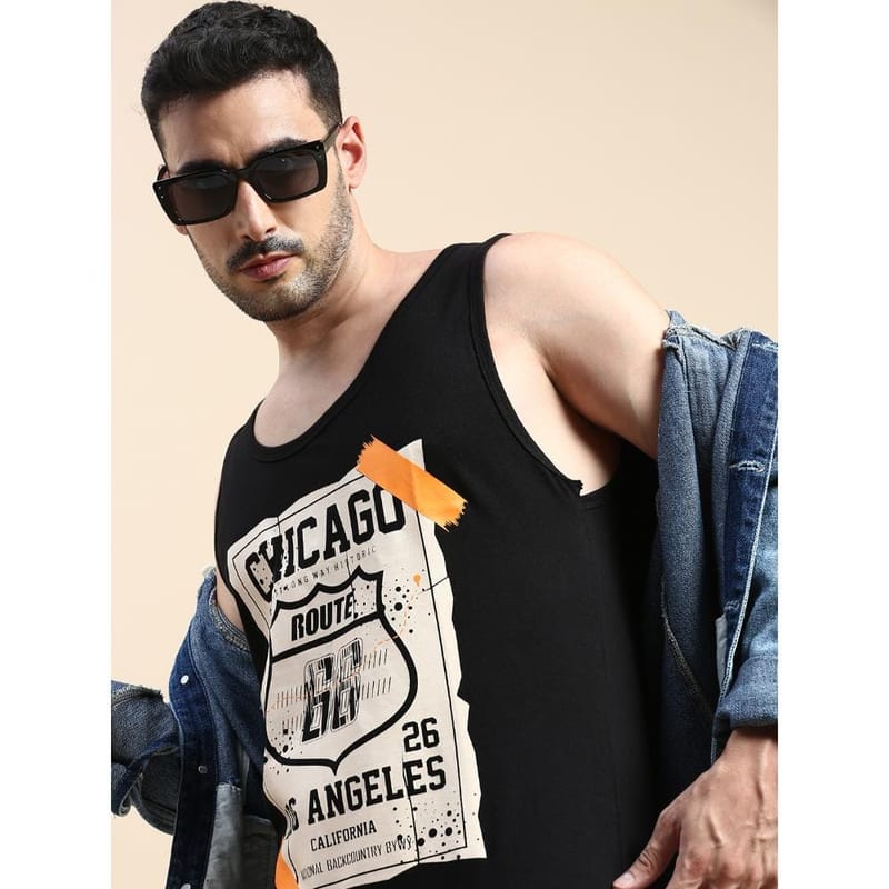 BLACK RADIO Mens Scoop Neck Sleeveless Graphic Printed Black T-Shirt