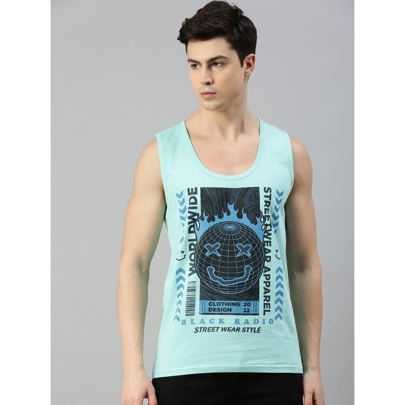 BLACK RADIO Mens Scoop Neck Sleeveless Graphic Printed Aqua T-Shirt