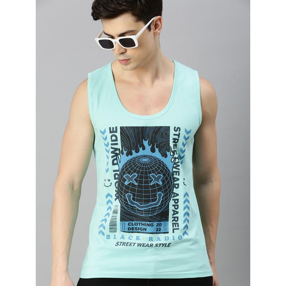 BLACK RADIO Mens Scoop Neck Sleeveless Graphic Printed Aqua T-Shirt