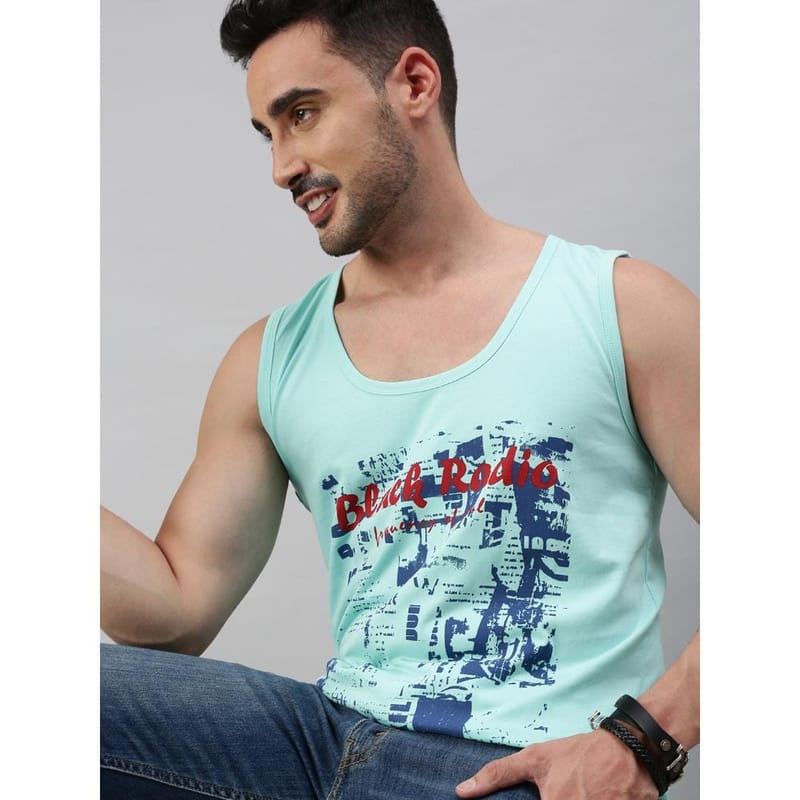 BLACK RADIO Mens Scoop Neck Sleeveless Graphic Printed Aqua T-Shirt