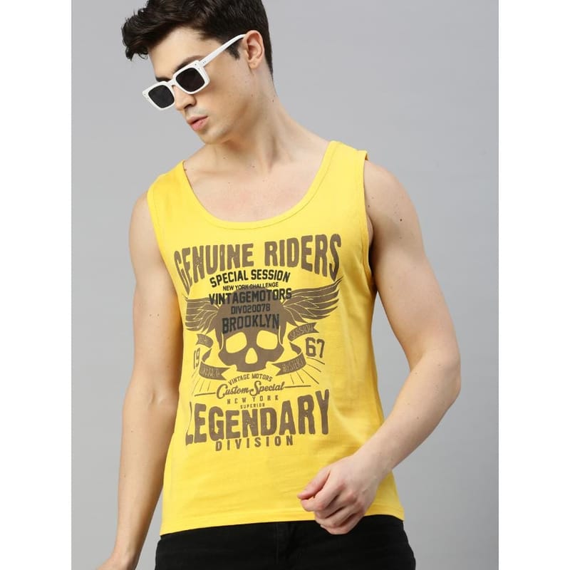 BLACK RADIO Mens Scoop Neck Sleeveless Graphic Printed Yellow T-Shirt