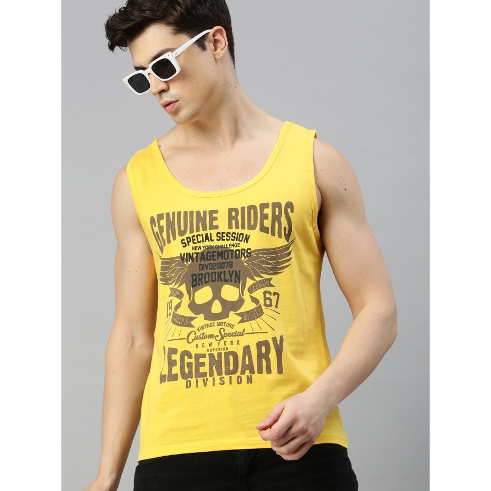 BLACK RADIO Mens Scoop Neck Sleeveless Graphic Printed Yellow T-Shirt