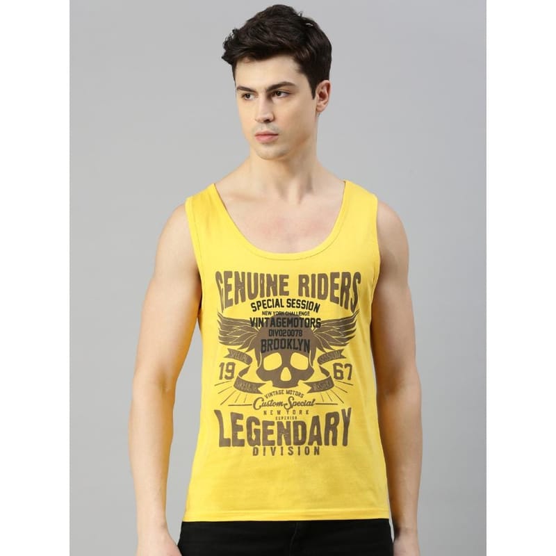 BLACK RADIO Mens Scoop Neck Sleeveless Graphic Printed Yellow T-Shirt