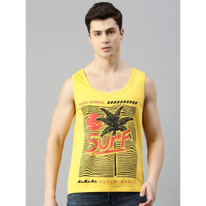 BLACK RADIO Mens Scoop Neck Sleeveless Graphic Printed Yellow T-Shirt