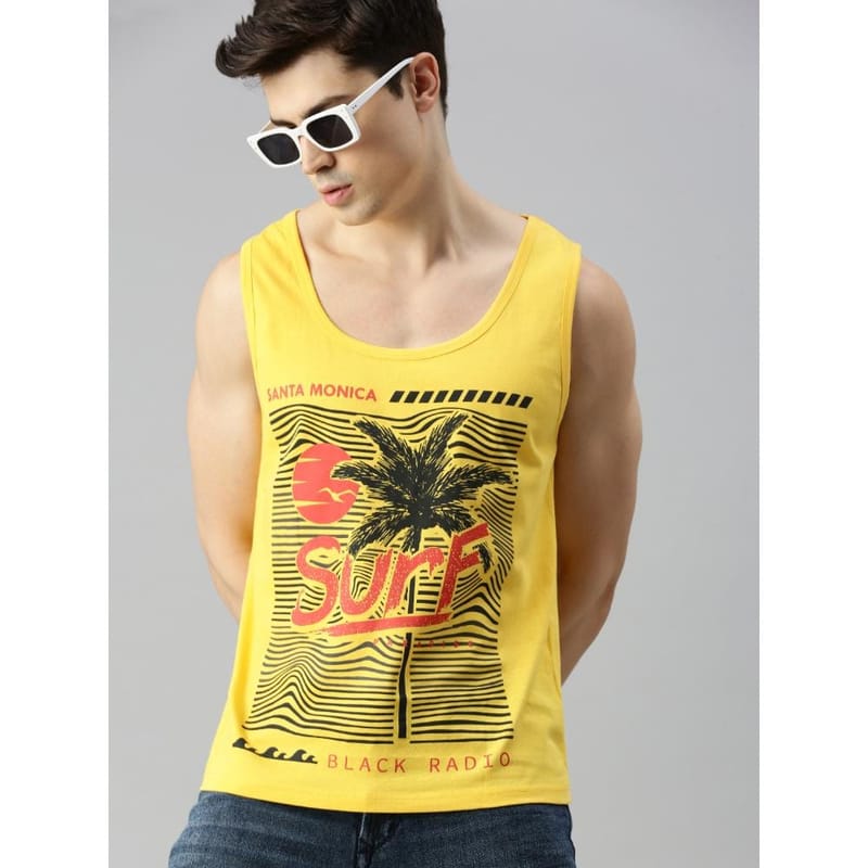 BLACK RADIO Mens Scoop Neck Sleeveless Graphic Printed Yellow T-Shirt