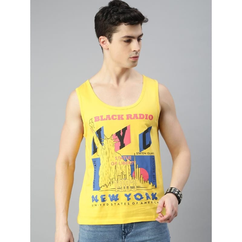 BLACK RADIO Mens Scoop Neck Sleeveless Graphic Printed Yellow T-Shirt