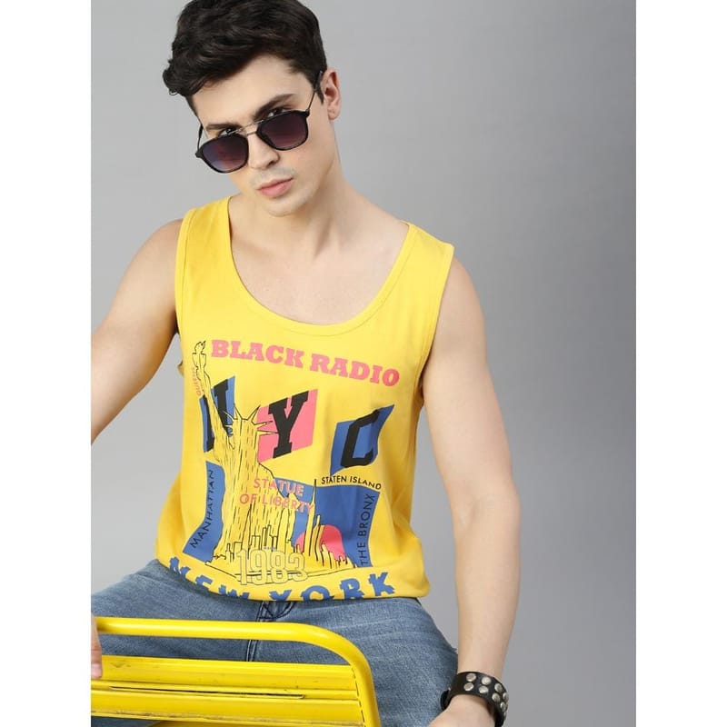 BLACK RADIO Mens Scoop Neck Sleeveless Graphic Printed Yellow T-Shirt